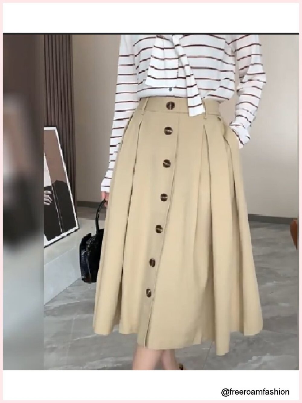 Pleated A-line Midi Skirt Elastic Waist Button Front Flared Long Skirt with - Picture 5 of 6